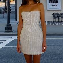 European And American Light Wedding Dress American Style Strapless Dress Beaded Sexy Strapless Short Bodycon Dress - trắng - Xem 5
