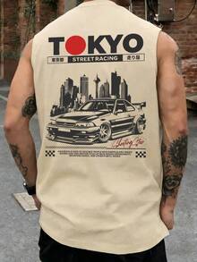 男士夏季街头风时尚东京城市图案印花圆领背心，适合日常穿着 - 杏色 - 查看 1