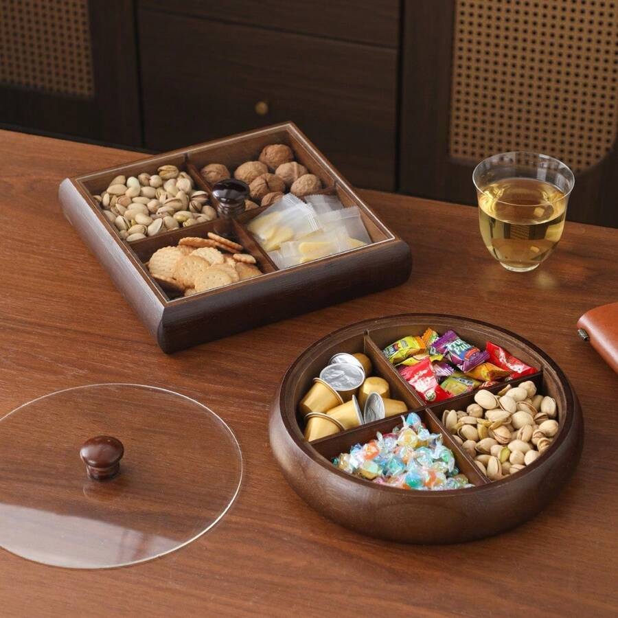 1 đĩa tre chia ngăn, khay trưng bày tráng miệng, đĩa đựng trái cây đa năng, thích hợp để trang trí bàn ăn, đĩa ăn gia đình và nhà bếp. - Đĩa đựng trái cây chia ngăn màu quả óc chó - Xem 1