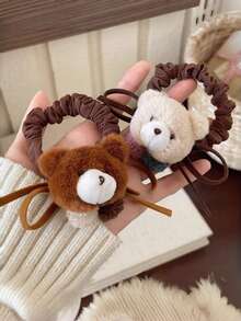 1pc Children's Cute Minimalist Cartoon Plush Bear Hair Scrunchie, Versatile Elegant Charming Ponytail & Bun Hair Accessory For Girls - Multicolor - View 2