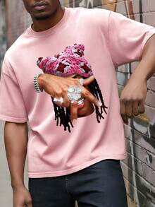 男士宽松圆领短袖印花T恤 | 精致设计 | 夏季必备 | 易于搭配 - 粉色 - 查看 2