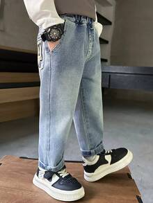 Young Boy Autumn Casual Jeans With Letter Embroidery Back Pocket - Baby Blue - View 7