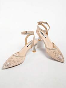 Women's High Heel Sandals, Strap , Pointed Toe, Rhinestone Mesh, Sexy, Plus Size, Open Toe Slides - Gold - View 5
