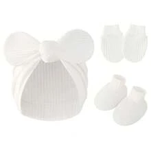 Newborn Baby Bow Print Hat, Scratch Mittens & Foot Covers Set - 3pcs - View 17