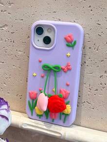 1pc Pink & Purple Tulip Flower Pattern Phone Case Compatible With Apple 12/13/14/15/16/17/Pro Max - Purple - View 2