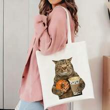 1pc Funny Cat, Donut & Coffee Print Canvas Tote Bag, Fabric Travel Handbag For Daily Use