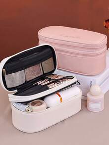 1pc Double Layer Large Capacity PU Cosmetic Bag, Women Travel Makeup Organizer Pouch - Multicolor - View 12