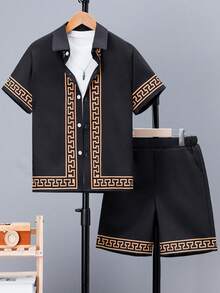 Tween Boys' Pattern Print Lightweight Shirt Collar Short Sleeve Shirt & Shorts Set, Casual Fashion For Spring/Summer, Festivals & Parties - Black - View 1