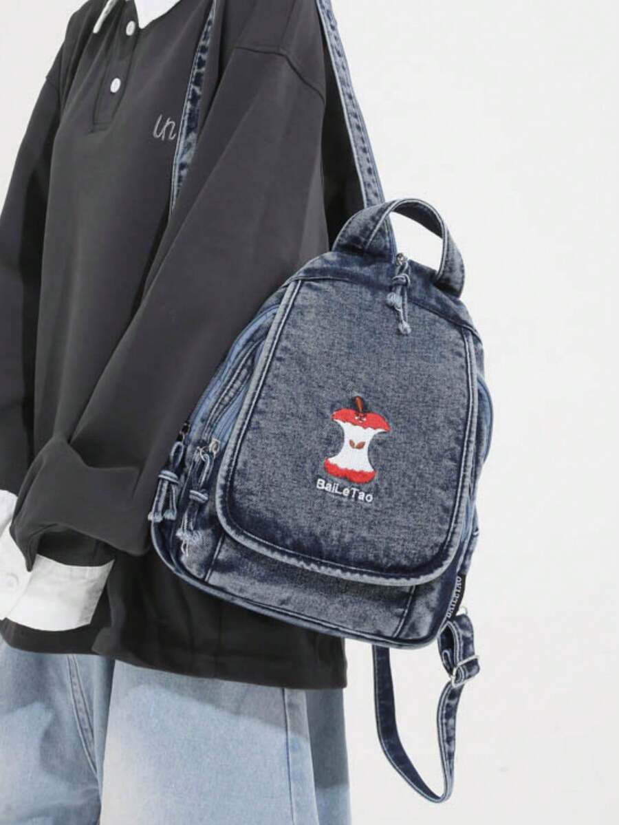 1pc Solid Color Cute Puppy Cartoon Embroidered Denim Fabric Zipper Closure Fashion Casual Messenger Bag/Backpack For Men, Suitable For Daily Commute, Work, School, Shopping, Short Trip - Blue - View 1