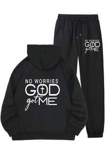 Women's Loose-Fit Stylish Sports Hoodie & Pants Set - Featuring "NO WORRIES GOD Got Me" Graphic, Hooded, Long Sleeve, Plain Base Design, Spring Women's Outdoor & Casual Two-Piece, Suitable For Home, Leisure & Daily Wear, Fits Teens To Adults | Comfortable All-Age Women's Spring Activewear Set - 黑色 - 查看 1