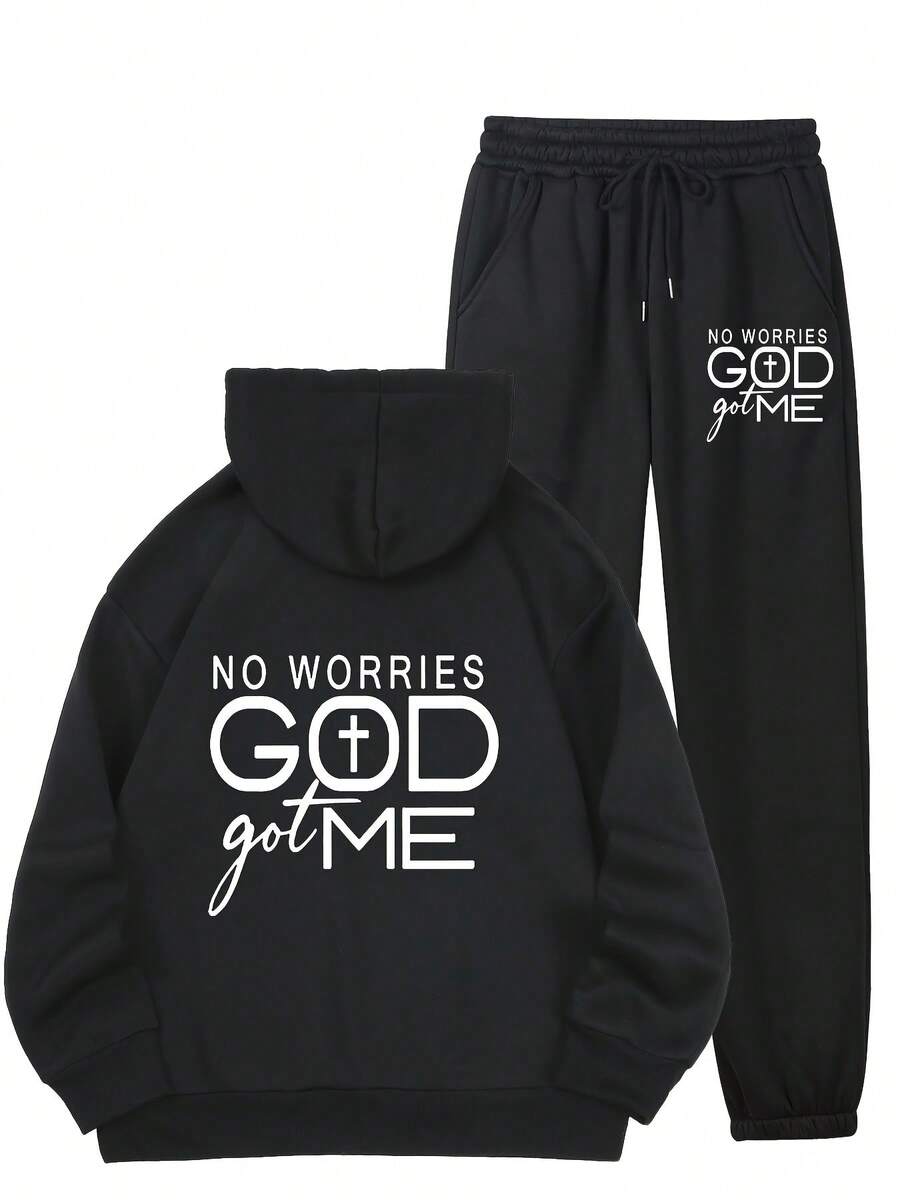 Women's Loose-Fit Stylish Sports Hoodie & Pants Set - Featuring "NO WORRIES GOD Got Me" Graphic, Hooded, Long Sleeve, Plain Base Design, Spring Women's Outdoor & Casual Two-Piece, Suitable For Home, Leisure & Daily Wear, Fits Teens To Adults | Comfortable All-Age Women's Spring Activewear Set - 黑色 - 查看 1