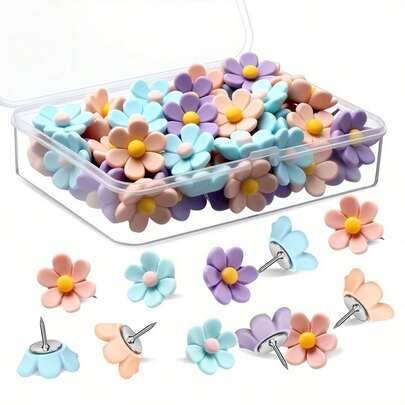 15pcs/30pcs Pastel Colors Cute Floral Push Pins - Pink, Purple, Green, Sewing, Office - Assorted Sizes & Shapes, Cute Pins