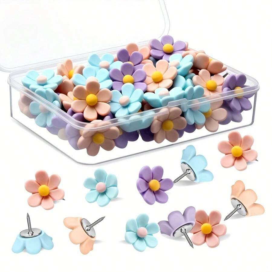 15pcs/30pcs Pastel Colors Cute Floral Push Pins - Pink, Purple, Green, Sewing, Office - Assorted Sizes & Shapes, Cute Pins