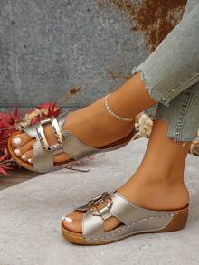 大码 36-45 夏季时尚休闲露趾黑色厚底女式拖鞋，日常及户外银棕色罗马凉鞋，轻便舒适百搭女式坡跟凉鞋 - 銀灰色 - 查看 5