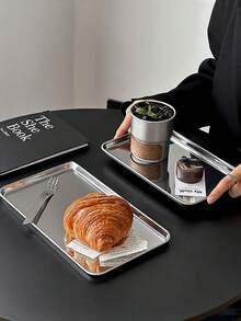 1pc 304 Stainless Steel Rectangular Tray, Ins Style Serving Platter, Bread Plate, Dessert Plate, Coffee Tray, Suitable For Family Gatherings - Silver - View 4