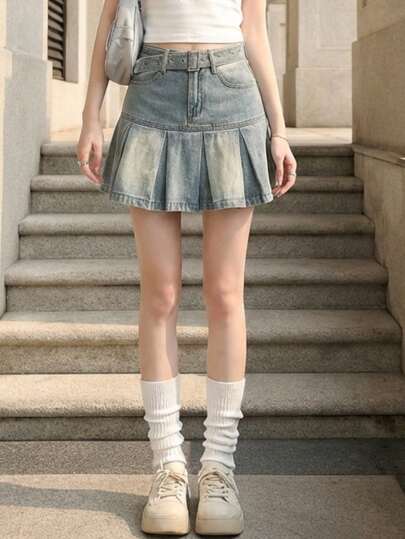 YEAE | YKK Vintage Blue High Waist Pleated A-Line Skirt