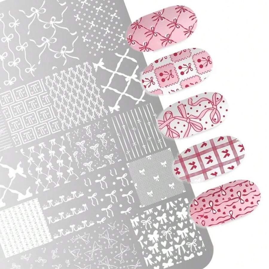 Stainless Steel Nail Stamping Plate With Bow Pattern - Kawaii Nail Art Tools, Includes Pink, Red, White And Black Designs, Great For Nail Design, Nail Art Supplies, Nail Stickers, Nail Art Sticker Sets, Nail Stamping, Nail Stamping Plates, Nail Technician Use - Multicolor - View 1