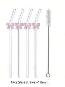 6pcs Reusable Glass Straws With Bow Pendant - Bend-Proof Straw Set + Cleaning Brush - Elegant Straws For Cocktails, Smoothies And Cold Drinks (20cm) - Multicolor - View 11