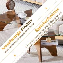 Round, Modern Side Table In Tempered Glass (Ø 80 Cm), With A Multifunctional Design. Fan-Shaped Base. MDF Legs With A Walnut Finish. Ideal For Dining Room, Living Room, Office, Etc. - Walnut Wood Color + Transparent Glass + Medium Density Fiberboard - View 10