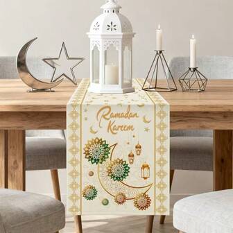 This Ramadan-Themed Table Runner Set Includes 1 Table Runner, Featuring A Minimalist Ramadan Design - Golden Crescent Moon And Lantern Patterns, Accented With Fresh Flowers. Made Of Durable Polyester Material, The Rectangular Design Is Suitable For Kitchen, Dining Room, Party, Home, And Rural Festival Decoration. Available In Multiple Sizes, Making It A Great Gift Item.