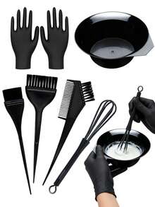 7件套专业染发工具套装，包含染发刷、染发碗、梳子、搅拌棒、手套，适用于沙龙和家庭使用，美发配件，护发产品，美发造型工具，发型师，美发用品 - 黑色 - 查看 1