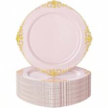 100PCS Pink And Gold Plastic Plates - 10.25Inch Pink Disposable Plates - Plastic Dinner Plate For Weddings Parties Christmas - 粉色 - 查看 1