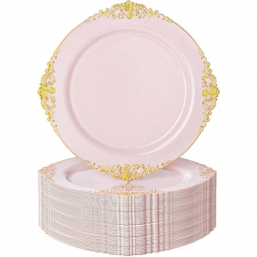 100PCS Pink And Gold Plastic Plates - 10.25Inch Pink Disposable Plates - Plastic Dinner Plate For Weddings Parties Christmas - 粉色 - 查看 1