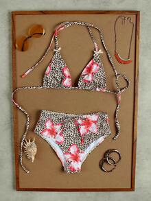 Ladies' Leopard Print Hibiscus Floral Halter Tie-Up Split Bikini, Sexy Vacation Style Two Pieces Swimsuit Set For Women's 2026 Spring Summer, Fashion Swimwear Perfect For Beach, Summer Vacation, Birthday Outfits, Gym Wear, Elegant Dress And Daily Going Out Looks - Multicolor - View 2