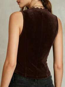 Women's V-Neck Velvet Vest, Lace Trim And Button Design Velvet Camisole