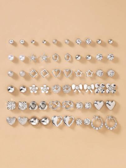30 Pairs Assorted Metal Cute Flower, Rhinestone, Bow Knot, Faux Pearl, Heart Shaped Fashion Stud Earrings For Women, Versatile For Daily Wear