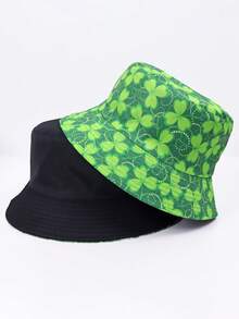 1pc Four-Leaf/Three-Leaf Clover Casual Party Cute Street Polyester UV Protection Reversible Bucket Hat, Suitable For Spring, Summer, Autumn, St. Patrick's Day, Unisex Lucky Clover Print Sun Hat