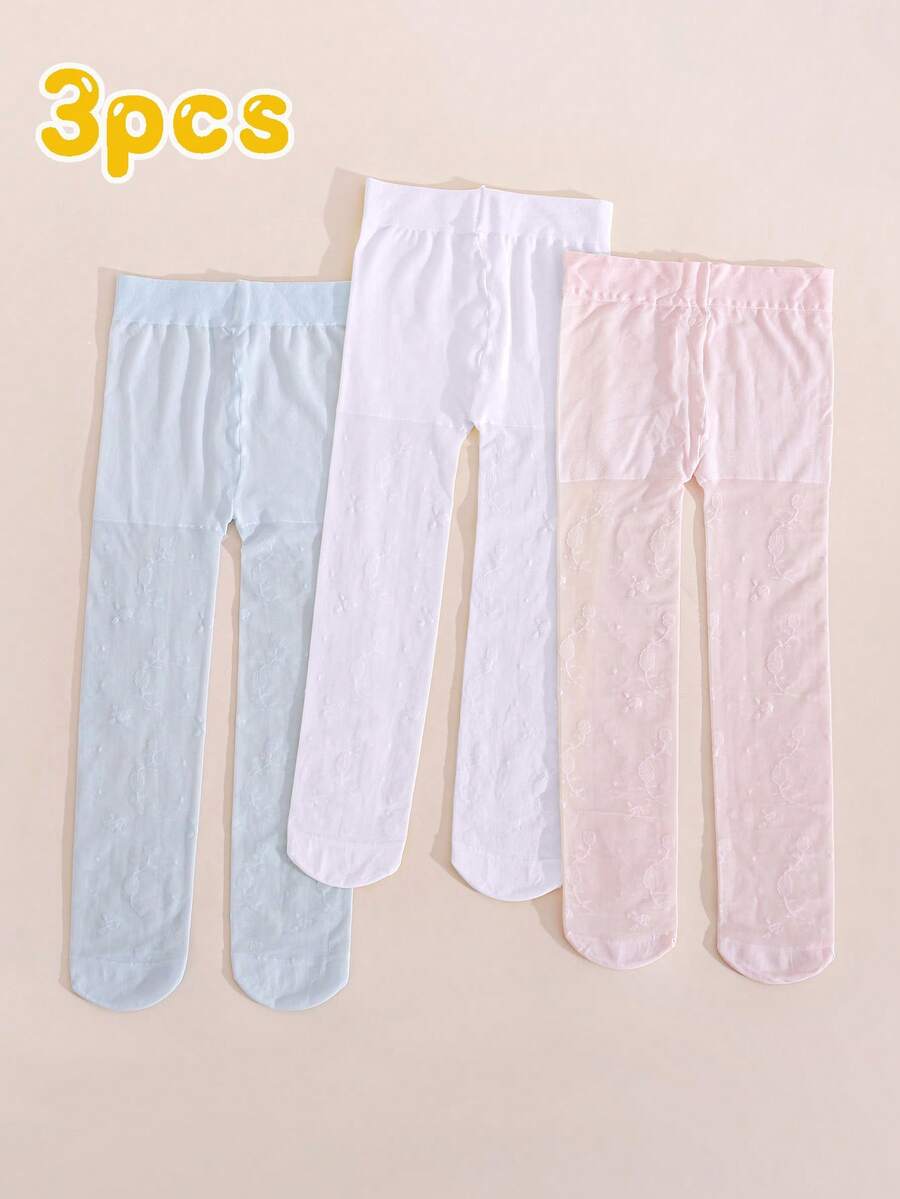 3 Pairs Baby Girls' Floral Jacquard Tights, Sweet Spring/Summer - Multicolor - View 1