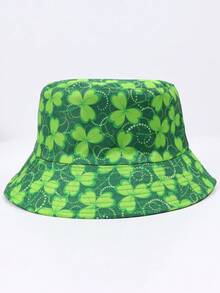 1pc Four-Leaf/Three-Leaf Clover Casual Party Cute Street Polyester UV Protection Reversible Bucket Hat, Suitable For Spring, Summer, Autumn, St. Patrick's Day, Unisex Lucky Clover Print Sun Hat
