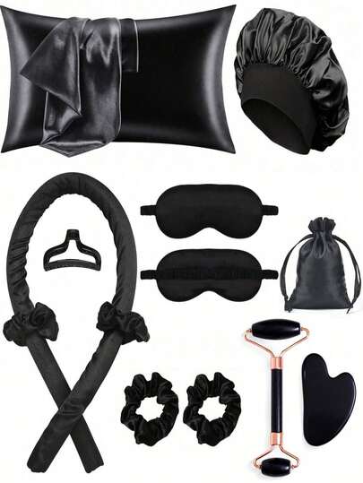 12pcs Sleep Hair Care Tool Set, Includes Curling Iron And Face Massager, 1 Pillowcase, Suitable For Beige Queen Suite, No Heat Needed For Curling, Night Curling Device, 1 Sleep Mask, Ladies Face Massage Roller, Hair Styling, Hair Care Products, Curling Products, Hair Accessories, Hair Care Set, Hair Tool Set, Hair Care Set Towel, Suitable For Salon, Hotel, Sports, Home Goods, Towel, Skincare Dry Hair Towel