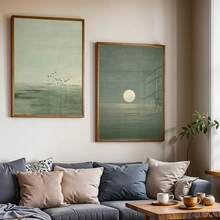Conjunto de 2 telas minimalistas para decoração de parede, pôsteres abstratos de paisagens japonesas com pôr do sol em tons de verde sálvia, decoração de parede em estilo zen escandinavo, arte boho em tons terrosos para decoração de quarto, sala de estar e casa em geral, arte de parede moderna e neutra para uma decoração de casa tranquila. - Multicolorido - Ver 5