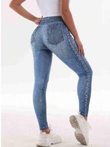 Legging Olahraga Pinggang Tinggi Motif Efek Denim, Celana Ketat Kasual Elastis, Pilihan Pas yang Nyaman, Ukuran Plus untuk Olahraga Musim Gugur - Biru - View 3