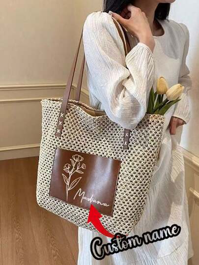 1pc Customized Beach Vacation Straw Tote Bag, Minimalist Large Capacity Shoulder Bag