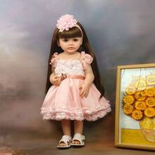 22英寸（约55厘米）逼真重生娃娃，全乙烯基身体，长发公主幼儿玩具，生日/圣诞礼物，娃娃，柔软乙烯基，儿童娃娃，浴缸玩伴玩具，过家家玩具，生日/圣诞礼物（包含奶嘴、奶瓶、尿布、出生证明） - 粉色 - 查看 10