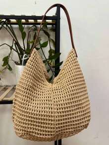 大容量编织单肩包，休闲通勤手提包，适合日常、上学和工作。 - 杏色 - 查看 4