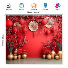 1 Piece, Polyester Chinese Asian New Year Theme Party Background, Chinese Spring Festival Celebration, Red Lanterns, Flowers, Photography Background, New Year Party, Adult Photography Props - Multicolor 7 - View 7