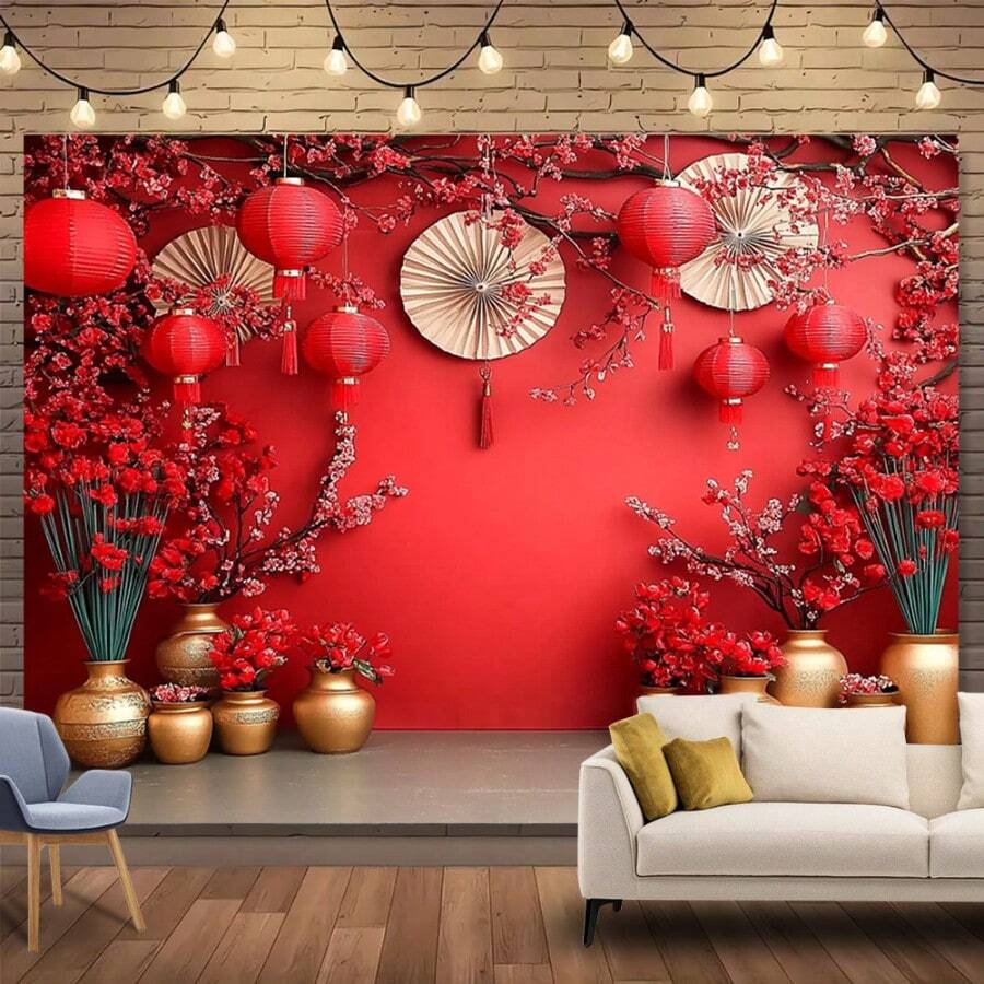 1 Piece, Polyester Chinese Asian New Year Theme Party Background, Chinese Spring Festival Celebration, Red Lanterns, Flowers, Photography Background, New Year Party, Adult Photography Props - Multicolor 7 - View 1