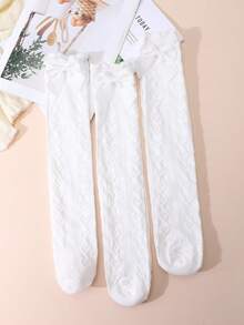 3 Pairs Girls Bowknot Decorated Knee-High Socks, Suitable For Primary And Middle School Students School Uniform Matching - White - View 1