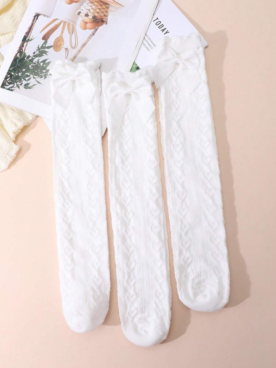 3 Pairs Girls Bowknot Decorated Knee-High Socks, Suitable For Primary And Middle School Students School Uniform Matching - White - View 1