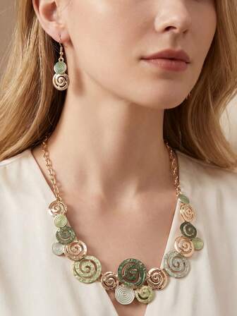 Cring Coco 2pcs Women Jewelry Set, Fashionable Minimalist Enamel Spiral Design Necklace And Earrings Set, Suitable For Daily Wear, Parties, Festivals, Holidays, Music Festivals, St. Patrick's Day Accessories Gift