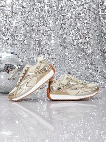 Giày thể thao nữ kiểu dáng bóng gương kim loại, giày thể thao lưới thoáng khí phong cách retro, giày casual đế dày hiện đại. - Vàng - Xem 8