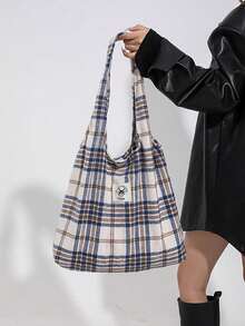 1pc Women's Patch Letter Graphic Casual Tote Bag - Khaki - View 5