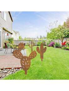 3 件乡村金属仙人掌花园桩，铁制庭院标志和标记，适用于户外草坪装饰，非常适合露台和阳台，花园装饰 - 鏽色 - 查看 6