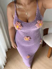 Women's White Beach Dress, Sexy Hollow-Out Fashion Long Dress, Versatile For Vacation, Casual, Beach Wear - Mauve Purple - View 1