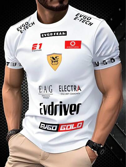 男士运动涤纶T恤 - 圆领，高弹几何印花面料，短袖，适合跑步、瑜伽、训练、徒步和骑行 - 耐穿，针织涤纶纤维（100%涤纶） - 成人及青少年休闲运动上衣