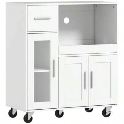Mobile Kitchen Unit On Wheels, With Shelves, Drawers, Adjustable Shelf, Cable Management, White